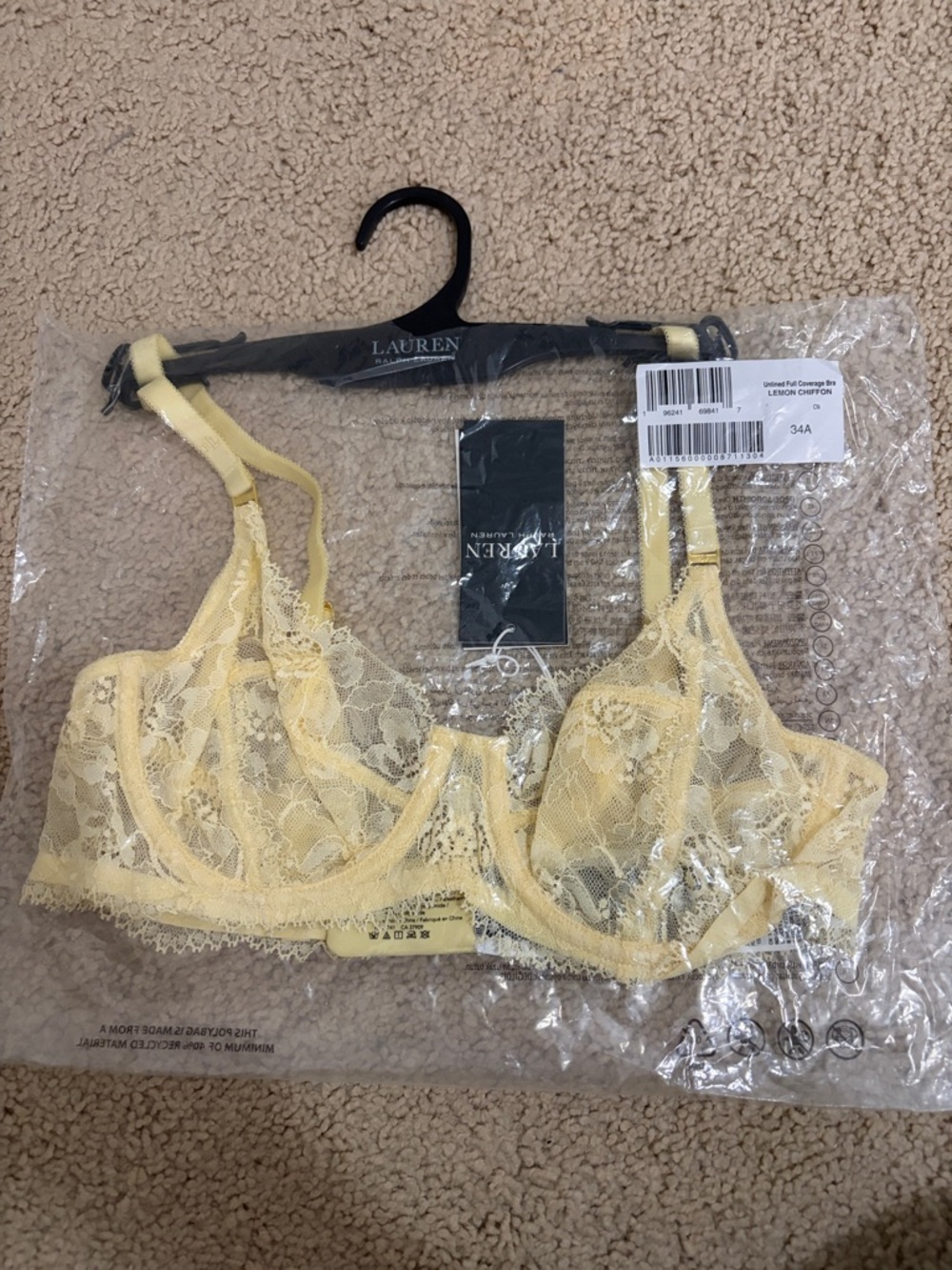 Lauren Ralph Lauren Lemon Lace Underwire Bra - Pale Yellow 34A UNLINED NWT